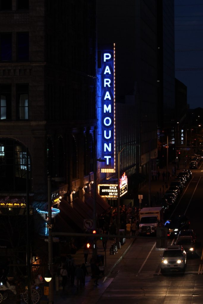 Paramount neon sign at night